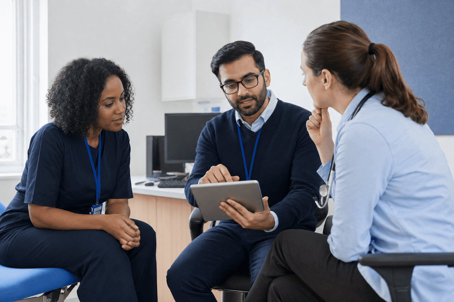 Clinical pharmacy professionals collaborating over a care plan